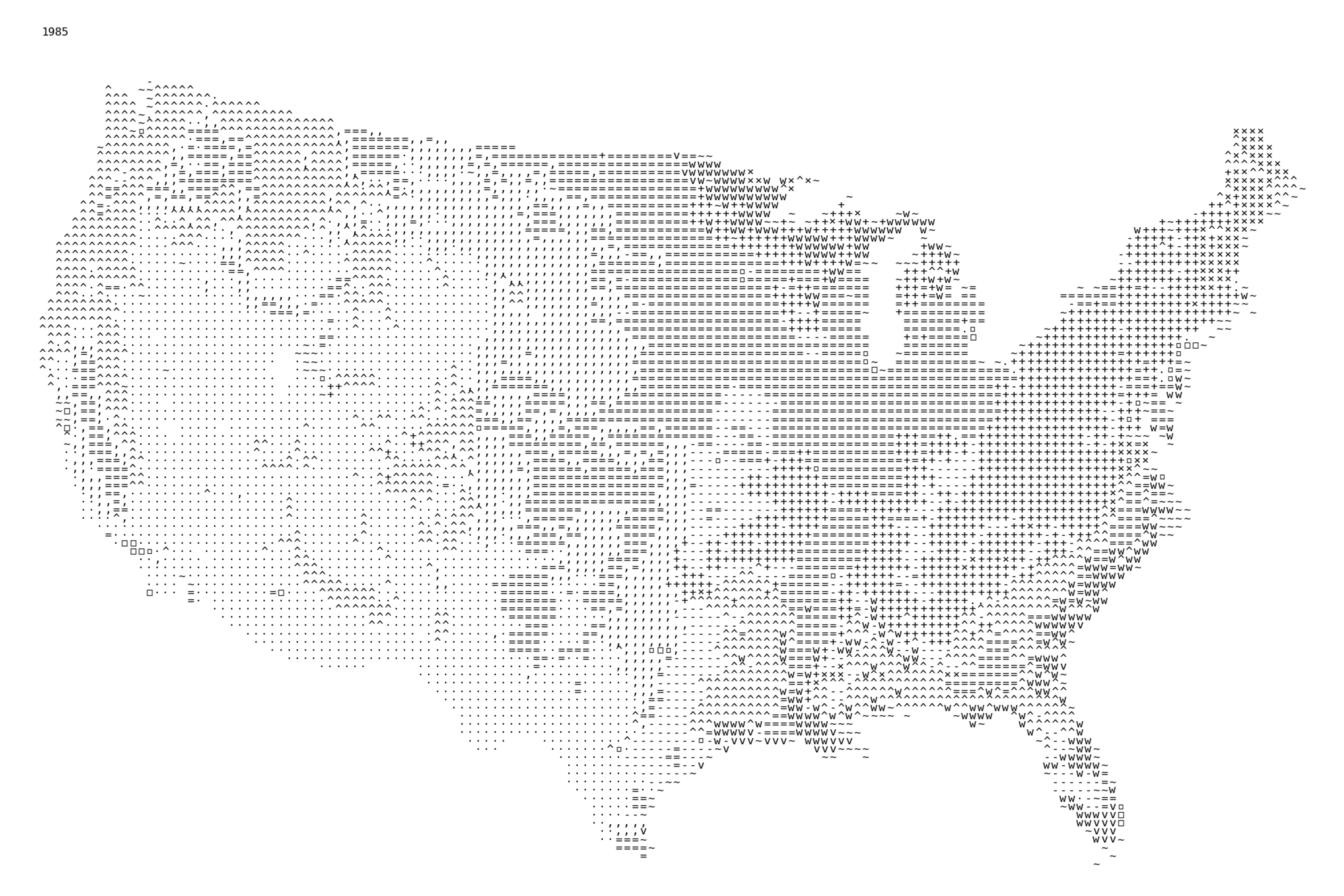 A GIF map of the continental United States made up of ASCII characters each corresponding to the dominant land use in a 30 kilometer grid. Forests are represented by ^+×, crops by =-, water by ~, cities by . ▫ ⊡ from low to high density, wetlands by wv, and shrubs and grassland by ·, The map animates through each year from 1985 to 2024 showing land use change over time.