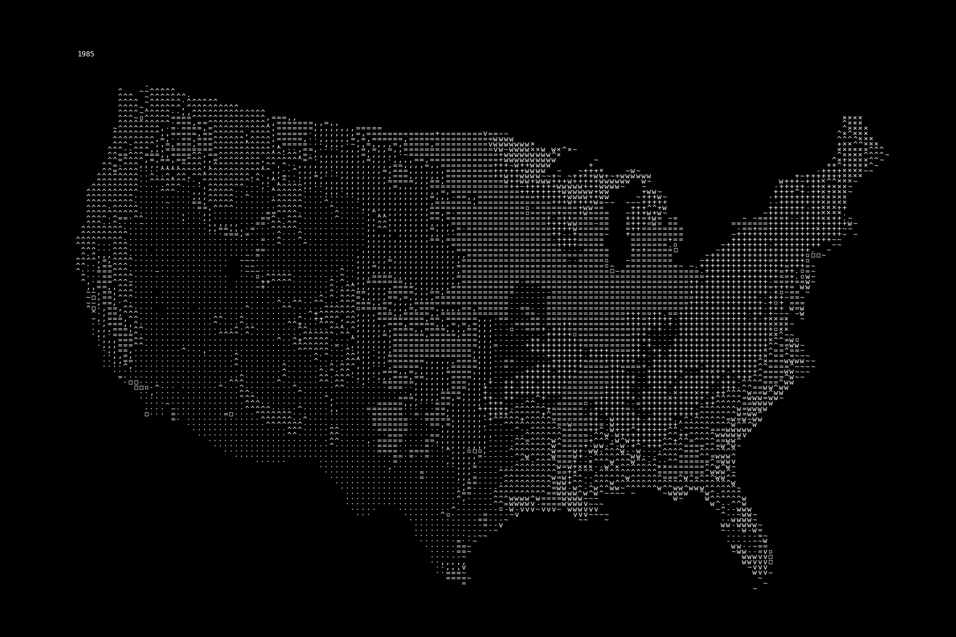 A GIF map of the continental United States made up of ASCII characters each corresponding to the dominant land use in a 30 kilometer grid. Forests are represented by ^+×, crops by =-, water by ~, cities by . ▫ ⊡ from low to high density, wetlands by wv, and shrubs and grassland by ·, The map animates through each year from 1985 to 2024 showing land use change over time.